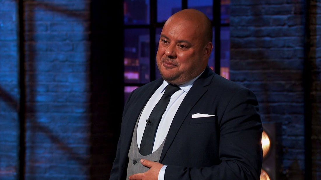 Alex Street, co-founder of Mystery Jersey King, pitching on BBC Dragons' Den