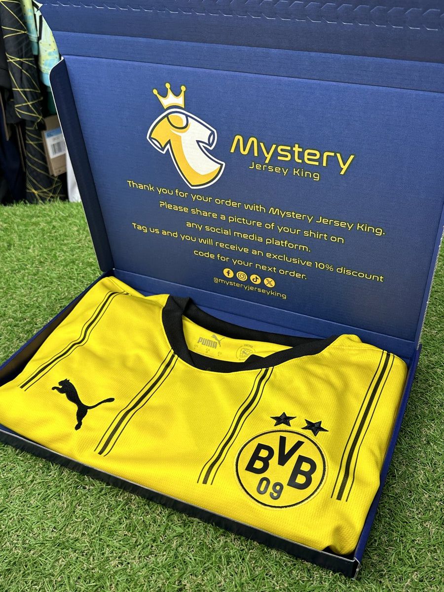 Open Men's Mystery Football Shirt Box with a genuine Borussia Dortmund shirt inside